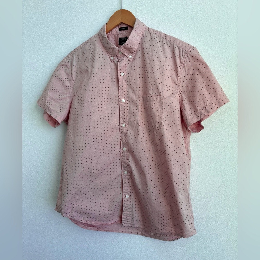 J Crew Men’s XL Short Sleeve pink black polka dot Button up